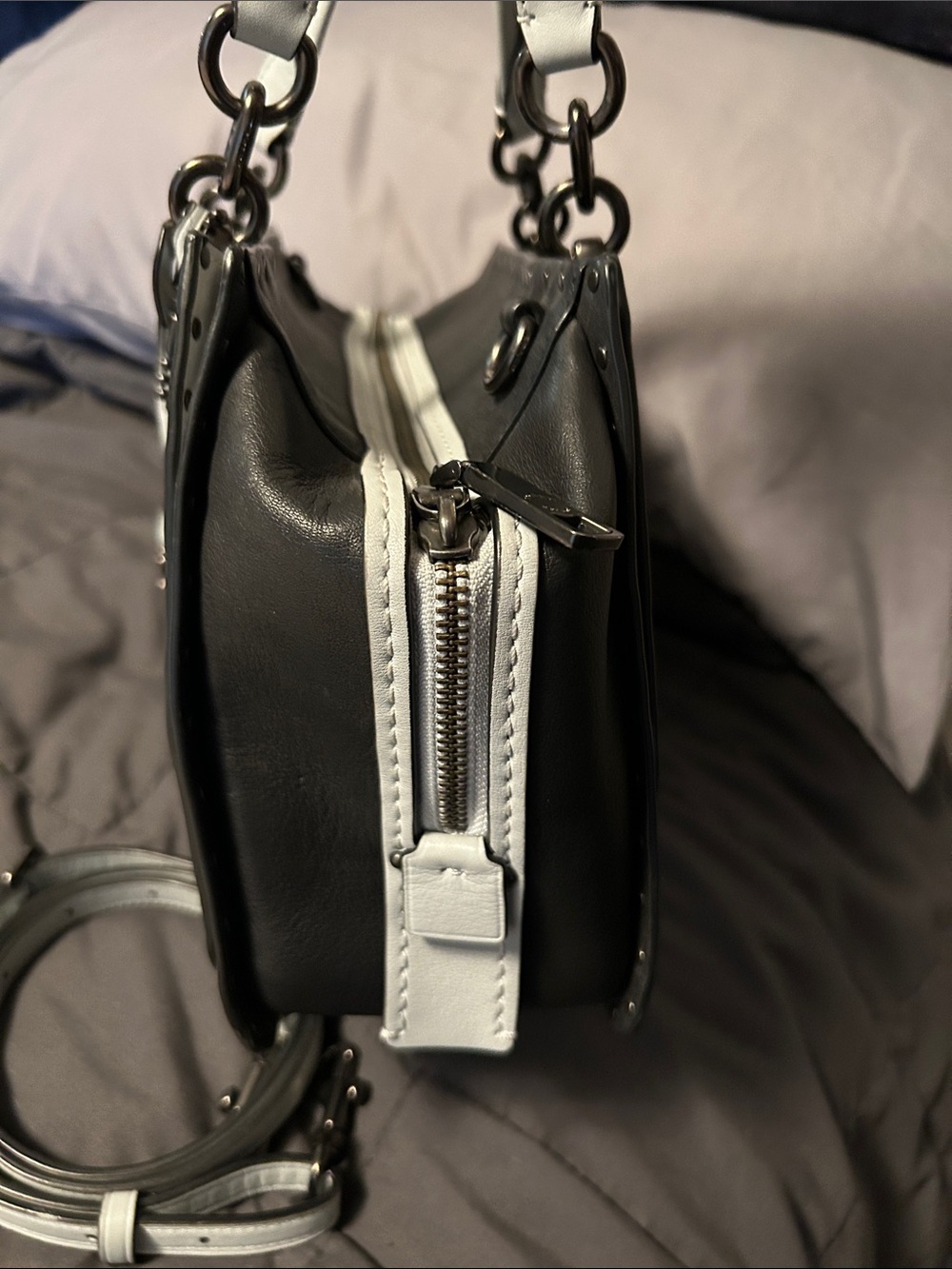 Coach Dreamer 27 Black, Light Gray, and Baby Blue Studded Leather Satchel - Picture 4 of 13